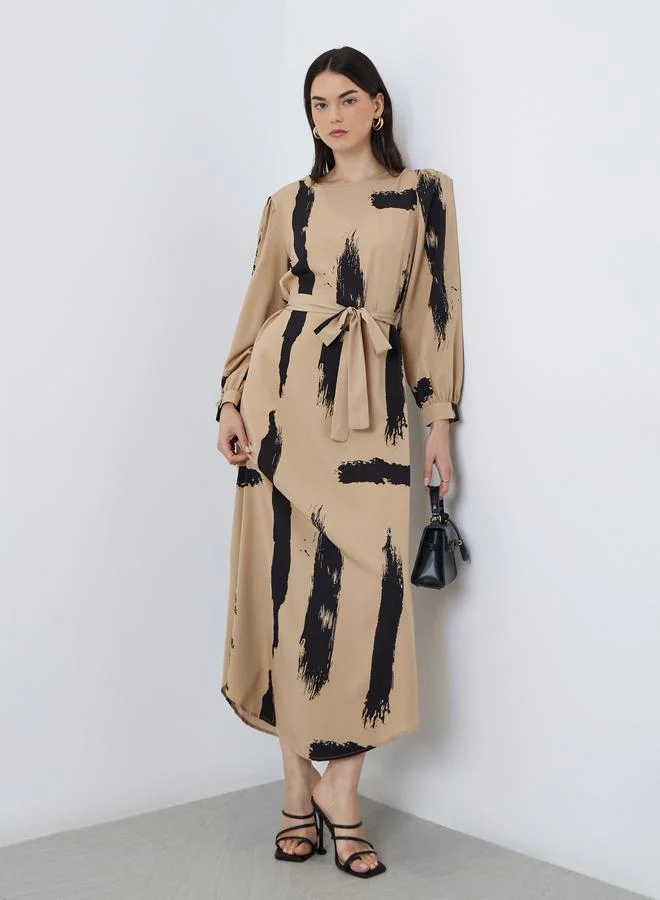 Take Two Take Two Printed Long Sleeve Belted Maxi Dress