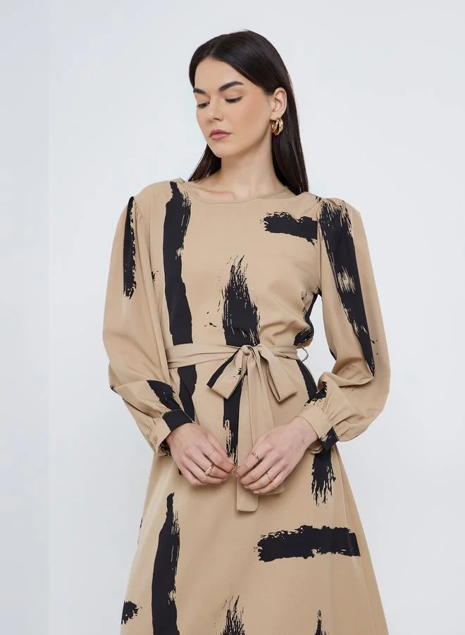 Take Two Take Two Printed Long Sleeve Belted Maxi Dress