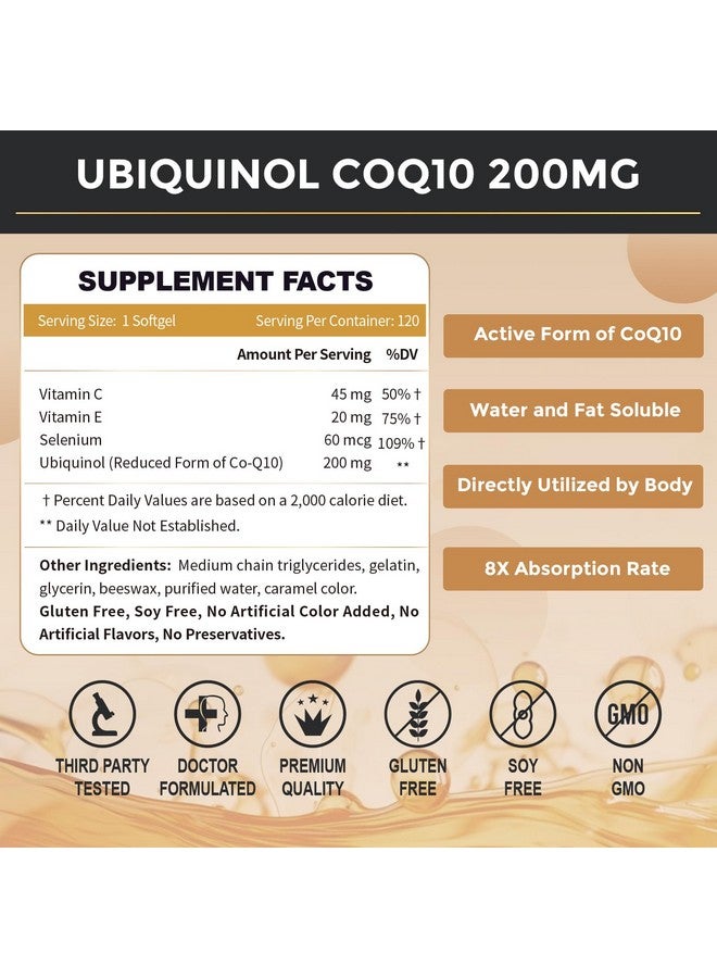 ZEBORA Ubiquinol CoQ10 200mg Softgels, 4-in-1 Powerful Antioxidant for Heart and Vascular Health, Essential for Energy Production, Max Absorption Active Form of CoQ10, 120 Softgels - Image 2