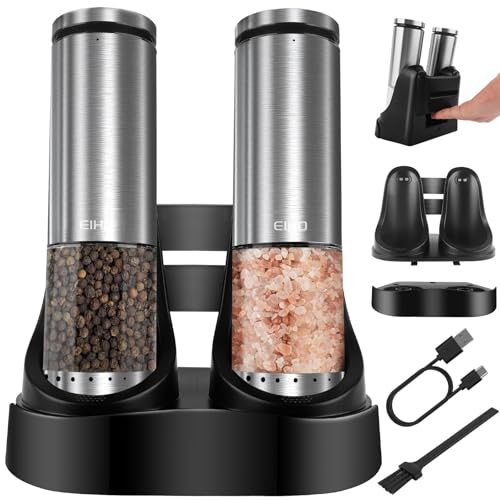 EIHO Electric Salt and Pepper Grinder Set USB Rechargeable Upgraded External Adjustable Coarseness Stainless Steel Automatic Salt and Pepper Shakers Mills with LED Light House Warming Cooking Gifts - Image 1