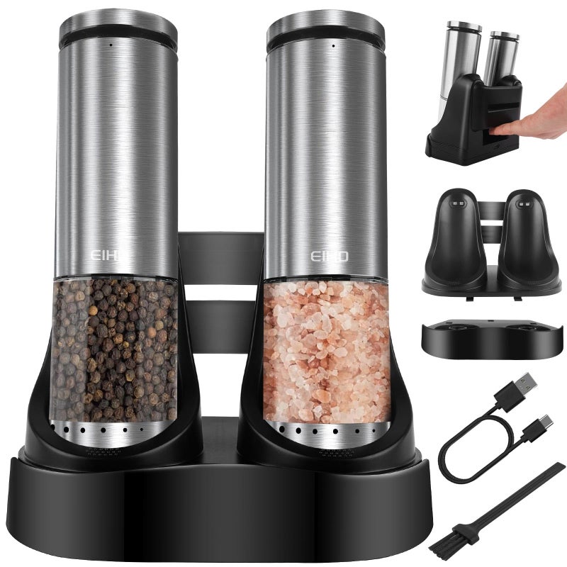 EIHO Electric Salt and Pepper Grinder Set USB Rechargeable Upgraded External Adjustable Coarseness Stainless Steel Automatic Salt and Pepper Shakers Mills with LED Light House Warming Cooking Gifts - Image 2