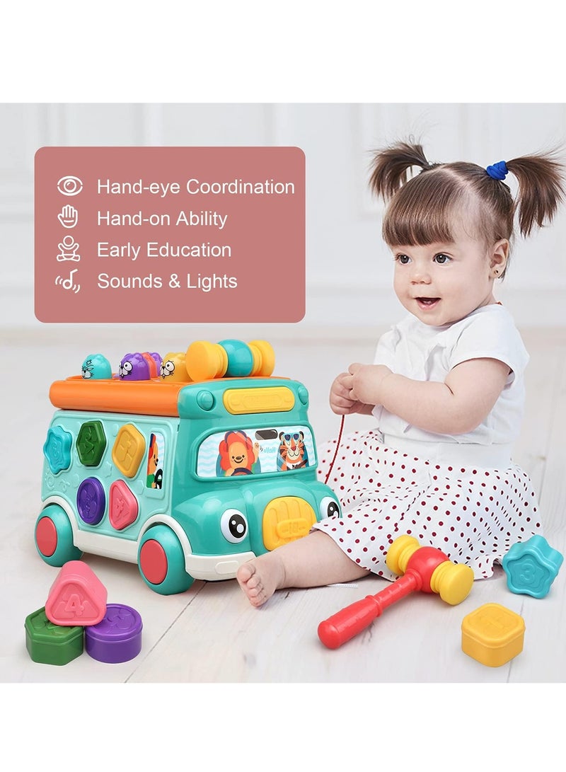 Cute Stone Push Pull Bus Toy, Baby Musical Learning Toys with Sound  Light, Whack-a-Mole Game, Shape Matching, Gear, Toy Clock, Activity Bus Toy Early Education Gift for Toddler Boys Girls  - Image 5