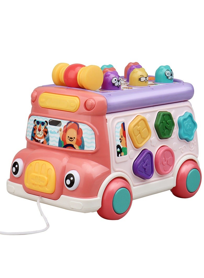 Cute Stone Push Pull Bus Toy, Baby Musical Learning Toys with Sound  Light, Whack-a-Mole Game, Shape Matching, Gear, Toy Clock, Activity Bus Toy Early Education Gift for Toddler Boys Girls  - Image 1