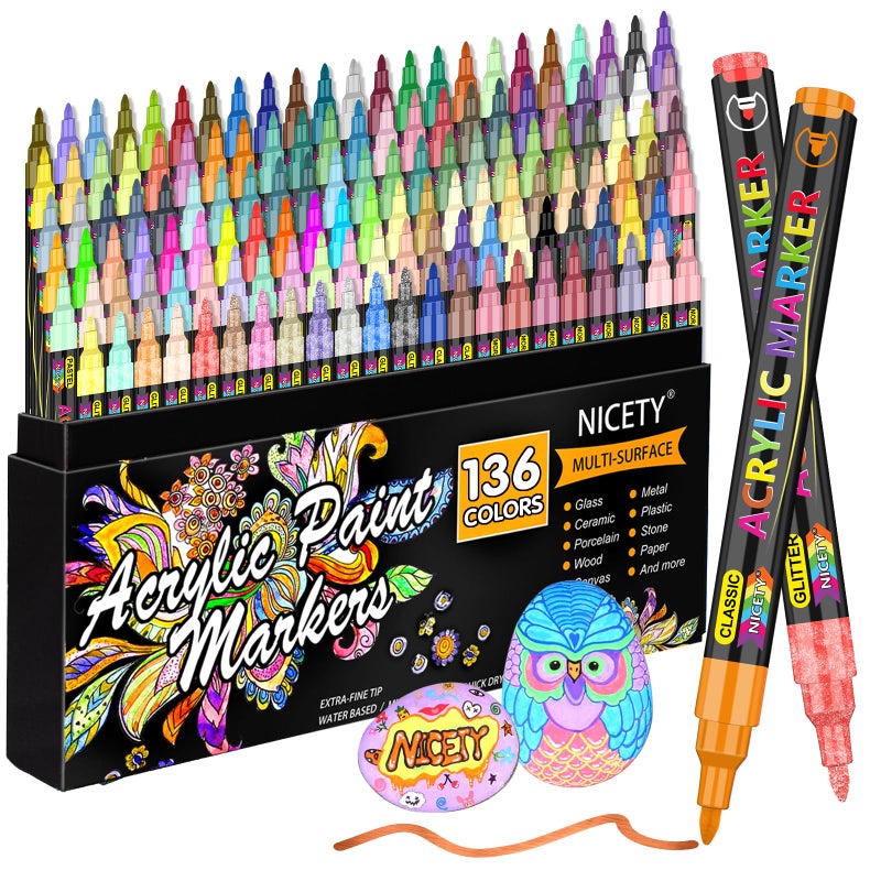 NICETY 136 Colors Acrylic Paint Markers, Extra Fine Tip Point Acrylic Paint Pens for Rock Painting, Canvas, Wood, Ceramic, Glass, Stone, Fabric, Crafts & Art Supplies - Image 1