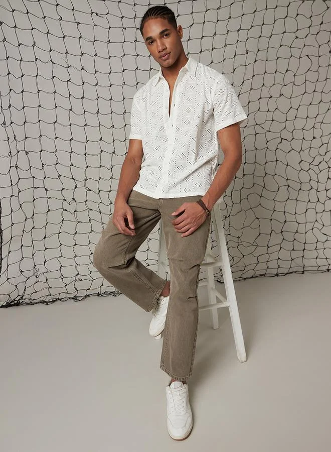 Hubberholme Men Relaxed Spread Collar Textured Cotton Shiffli Casual Shirt