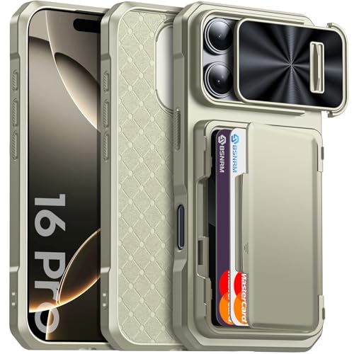 BSNRM for iPhone 16 Pro Case Wallet, Hidden Card Holder (4 Cards), Pop-up Camera Cover, Military Grade Protection, Durable Kickstand Heavy Duty Men Women Shockproof Case for iPhone 16 Pro,Titanium - Image 1