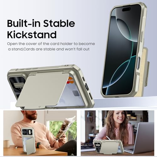 BSNRM for iPhone 16 Pro Case Wallet, Hidden Card Holder (4 Cards), Pop-up Camera Cover, Military Grade Protection, Durable Kickstand Heavy Duty Men Women Shockproof Case for iPhone 16 Pro,Titanium - Image 5