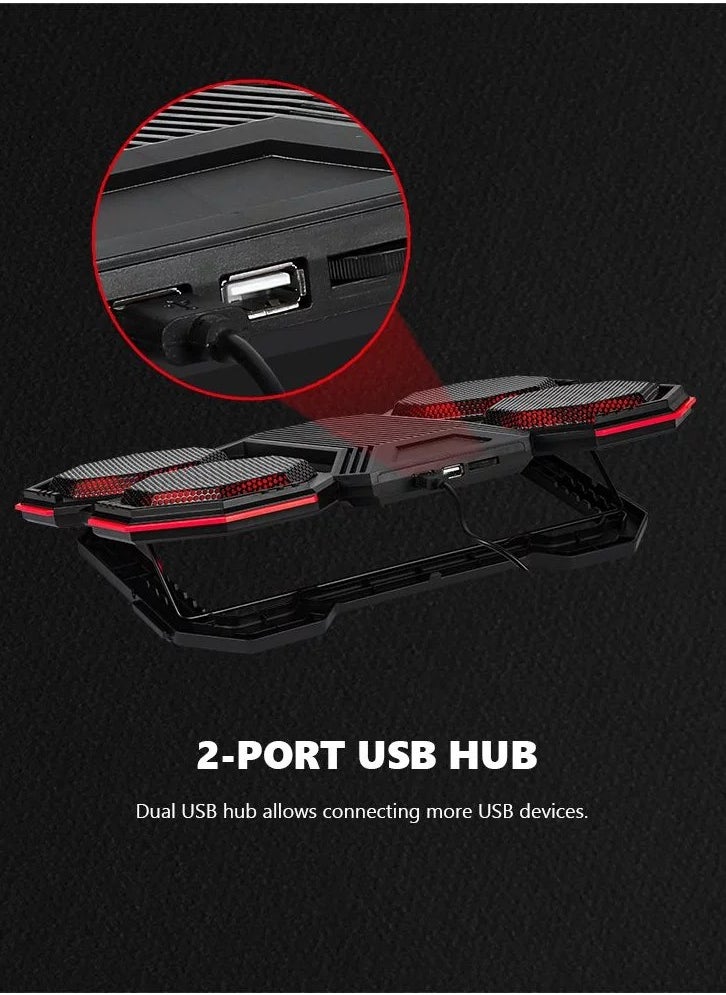 مارفو - حامل تبريد للكمبيوتر المحمول Marvo FN-41 مع حامل للهاتف المحمول - 6x مروحة LED حمراء - حتى 17 بوصة | أسود - Image 1