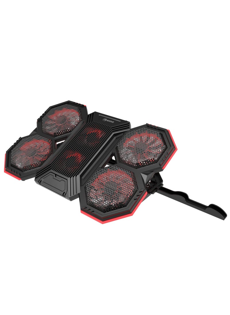 مارفو - حامل تبريد للكمبيوتر المحمول Marvo FN-41 مع حامل للهاتف المحمول - 6x مروحة LED حمراء - حتى 17 بوصة | أسود - Image 1