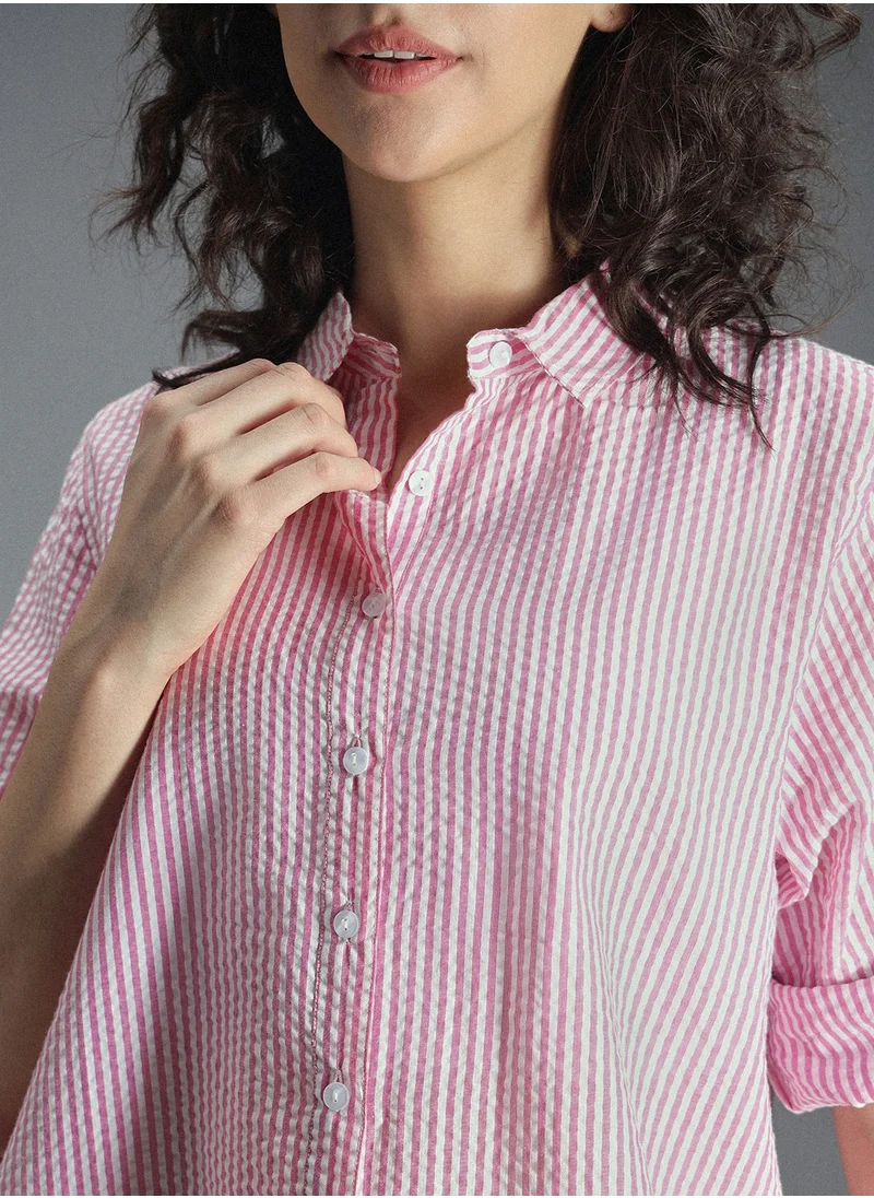 هاي ستار Women's Multicolour 100% Cotton Striped Button Down Oversized Shirt