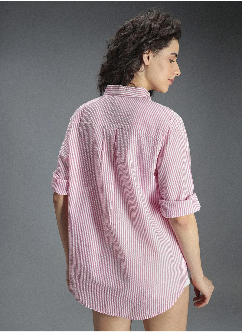 هاي ستار Women's Multicolour 100% Cotton Striped Button Down Oversized Shirt