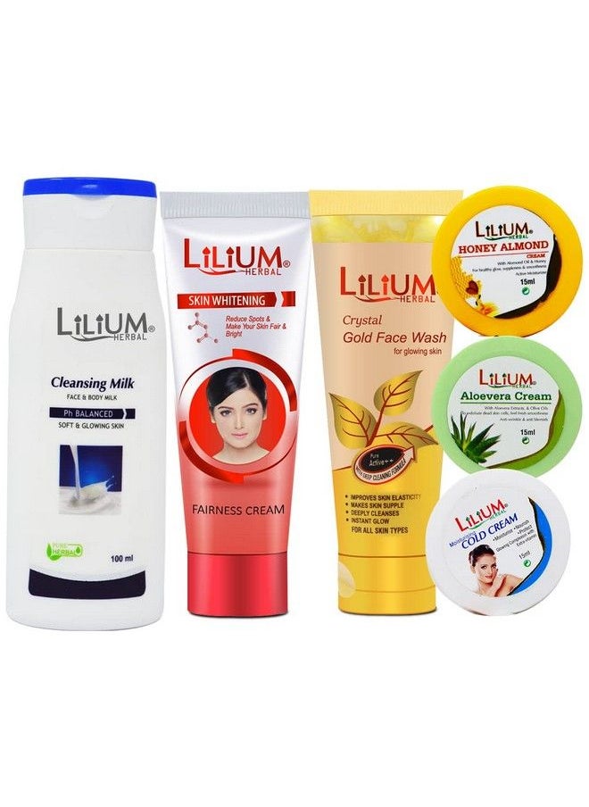 Lilium Herbal Cleansing Milk Cold Cream Fairness Cream & Crystal Gold Face Wash Set Of 6Gc626  - Image 1
