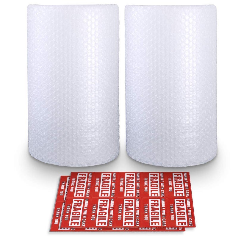 Pacific Mailer 2-Pack Bubble Cushioning Nylon Wrap Rolls, 3/16" x 12" x 72' ft Total, Perforated Every 12", 20 Fragile Stickers for Packaging, Shipping, Mailing - Image 1