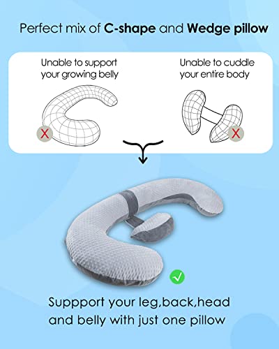 QUEEN ROSE Pregnancy Pillow E Shaped with Detachable Wedge, Adjustable Full Body Maternity Pillow for Sleeping, Dual-Sided Velvet Cover, 60 Inch Support for Side Sleepers, Grey - Image 3