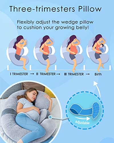 QUEEN ROSE Pregnancy Pillow E Shaped with Detachable Wedge, Adjustable Full Body Maternity Pillow for Sleeping, Dual-Sided Velvet Cover, 60 Inch Support for Side Sleepers, Grey - Image 4