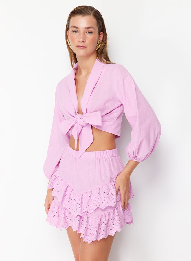 trendyol Pink Mini Woven Embroidered Detailed Flamed Cotton Beach Skirt - Image 3