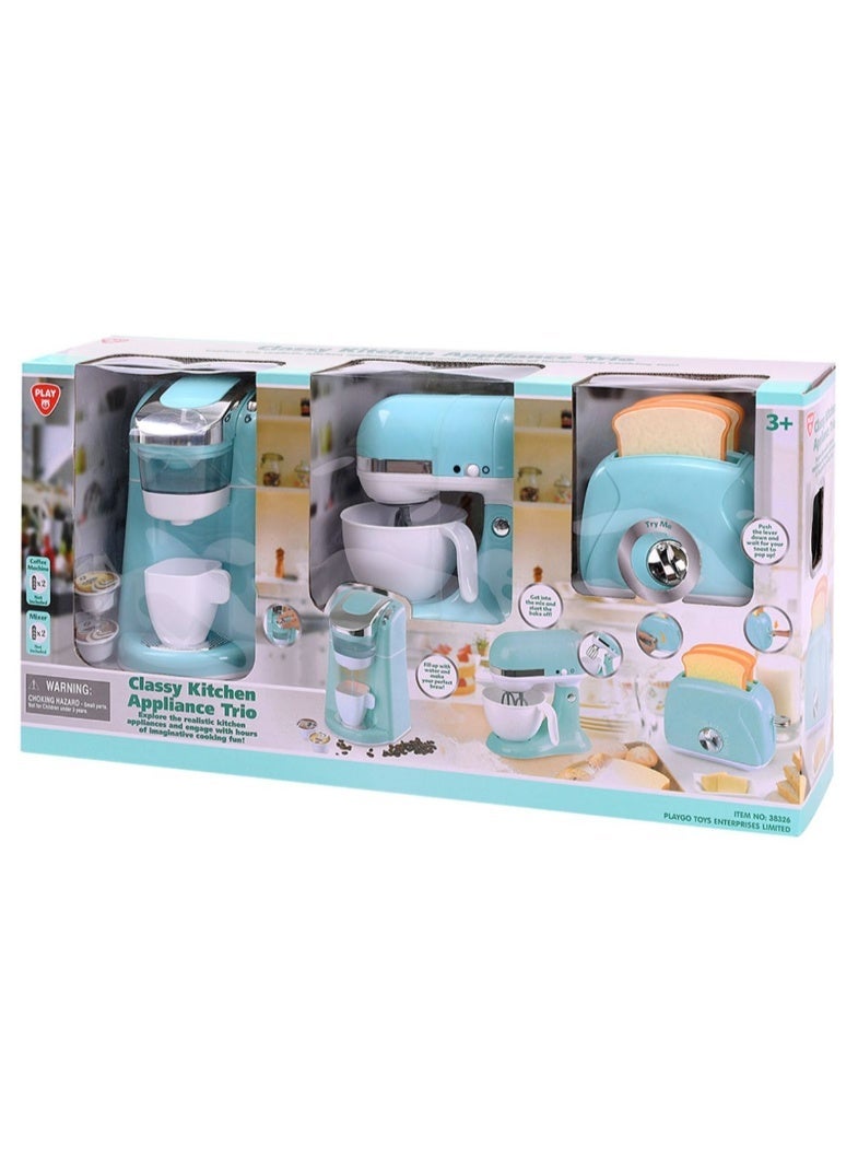 PlayGo Classy Kitchen Appliance Trio Blue Playset with Pod Coffee Machine, Mixer & Toaster for Kids - Image 1