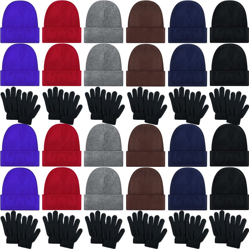 48 Pack Kids Winter Beanies Hat and Gloves Set Kids Skull Winter Caps Stretchy Knit Gloves for Boys Girls Multicolor