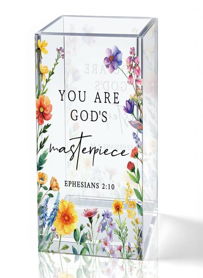 QYUVK You Are God's Masterpiece Acrylic Pencil Holder Cup, Floral Christian Pen Holder for Desk, Christian Gifts for Women Girls, Bible Verses Makeup Brush Organizer for Home Office Desk Accessories - Image 1