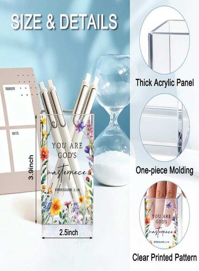 QYUVK You Are God's Masterpiece Acrylic Pencil Holder Cup, Floral Christian Pen Holder for Desk, Christian Gifts for Women Girls, Bible Verses Makeup Brush Organizer for Home Office Desk Accessories - Image 2