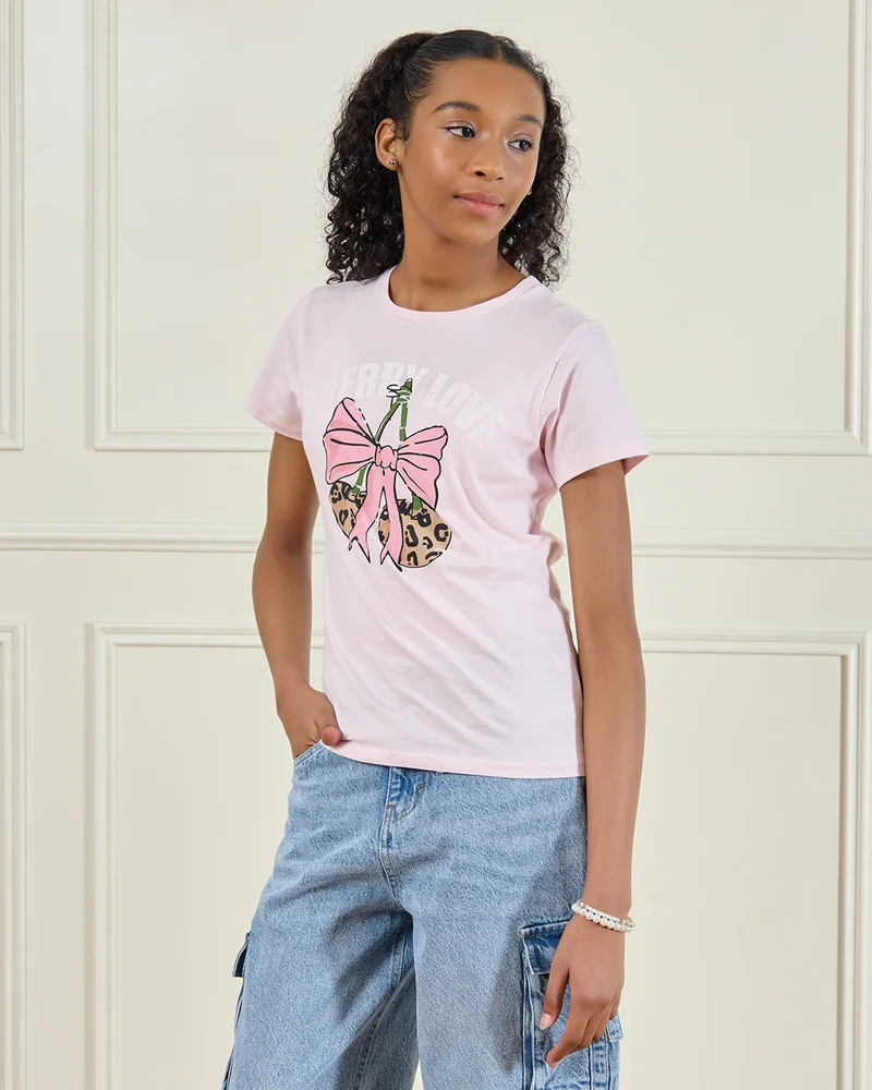 Redtag Senior Girls Pink Printed Short Sleeve T-Shirt