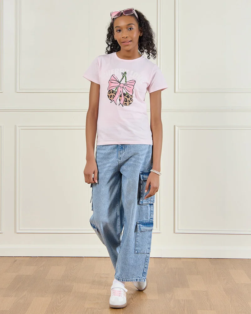Redtag Senior Girls Pink Printed Short Sleeve T-Shirt