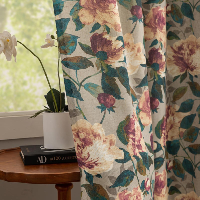 ALIGOGO Floral Drapes 63 Inch Length - Antique Linen Botanical Toile Curtains for Bedroom 2 Panels, Rustic Country Privacy Grommet Light Filtering Grandma Core Decor, 50W x 63L Inch, Taupe - Image 1