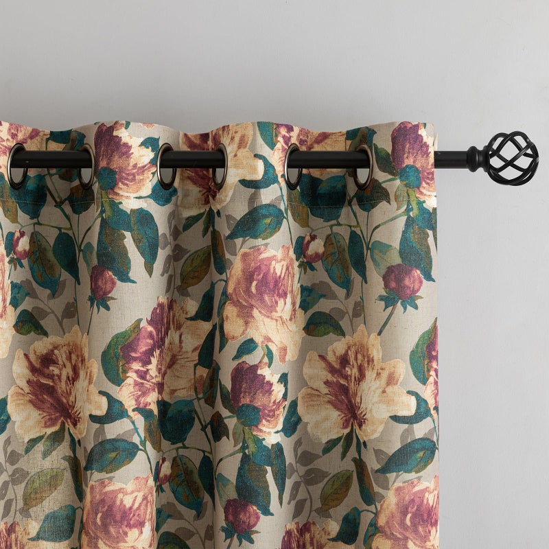 ALIGOGO Floral Drapes 63 Inch Length - Antique Linen Botanical Toile Curtains for Bedroom 2 Panels, Rustic Country Privacy Grommet Light Filtering Grandma Core Decor, 50W x 63L Inch, Taupe - Image 2
