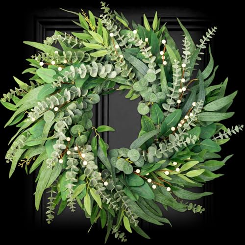 soosubel 22 Inch Eucalyptus Wreaths for Front Door Year Round, Large Green Artificial Farmhouse Wreath for Home Decorations Outdoo Indoor Wall Window Porch - Image 1
