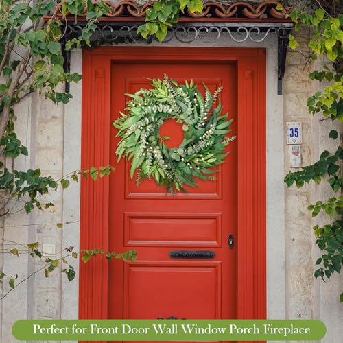 soosubel 22 Inch Eucalyptus Wreaths for Front Door Year Round, Large Green Artificial Farmhouse Wreath for Home Decorations Outdoo Indoor Wall Window Porch - Image 3