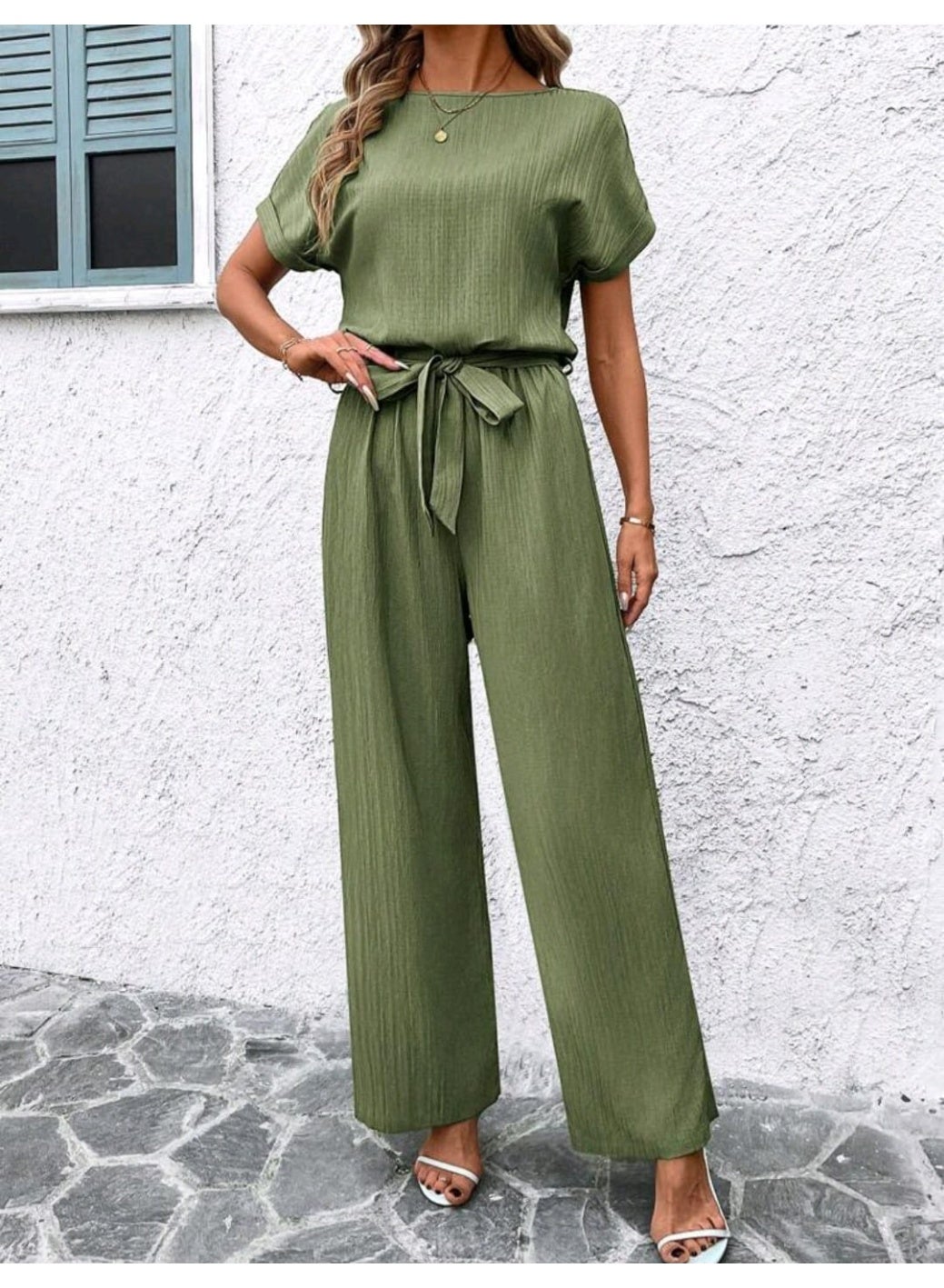 SHEIN Clasi Bean Green Textured Wrinkle Fabric Round Neck Short Sleeve Tied Waist Fitted Women's Jumpsuit