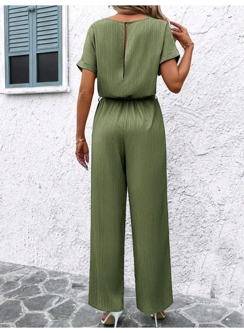 SHEIN Clasi Bean Green Textured Wrinkle Fabric Round Neck Short Sleeve Tied Waist Fitted Women's Jumpsuit - Image 2