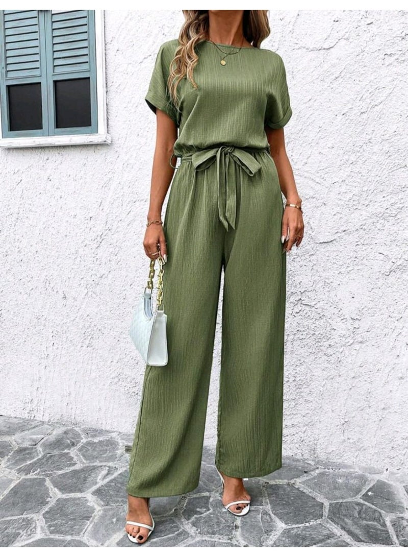 SHEIN Clasi Bean Green Textured Wrinkle Fabric Round Neck Short Sleeve Tied Waist Fitted Women's Jumpsuit - Image 3