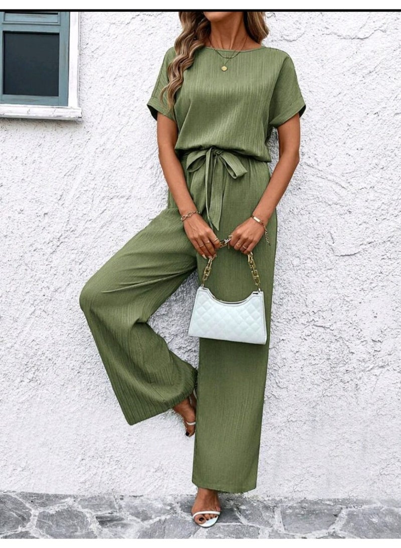 SHEIN Clasi Bean Green Textured Wrinkle Fabric Round Neck Short Sleeve Tied Waist Fitted Women's Jumpsuit - Image 4