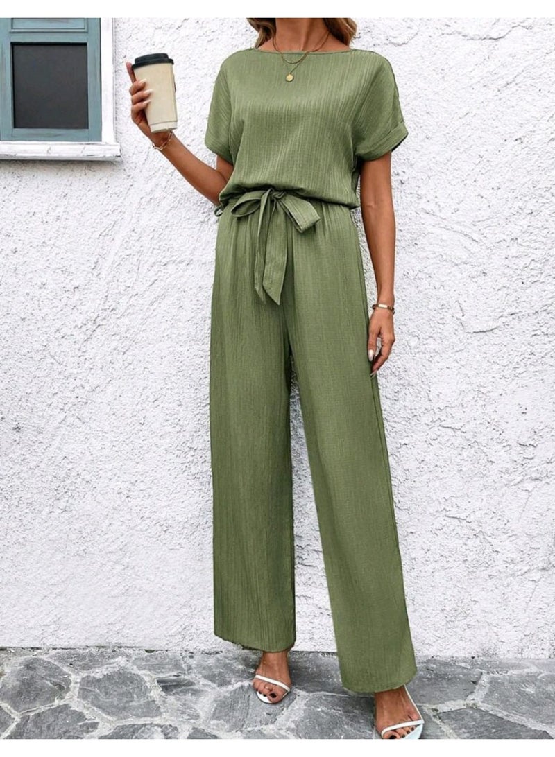 SHEIN Clasi Bean Green Textured Wrinkle Fabric Round Neck Short Sleeve Tied Waist Fitted Women's Jumpsuit - Image 5