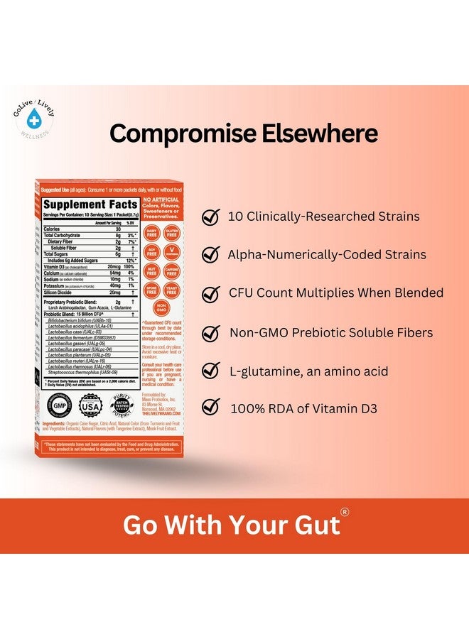 GoLive Prebiotic and Probiotic for Women, Men, Kids. Tangerine Turmeric Synbiotic Powder w/ L-Glutamine, Vitamin D3, Electrolytes. For Gut Health, Digestion, Metabolism, Immunity 15-50B CFUs. - Image 4
