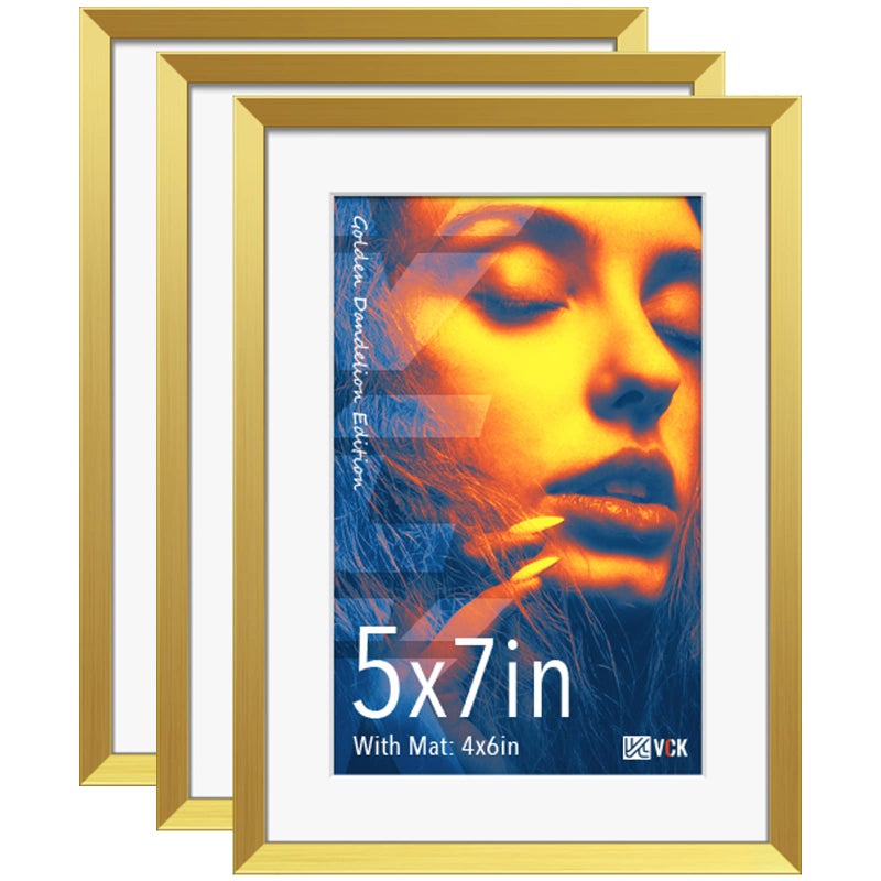 VCK 5x7 Aluminum Picture Frames with Real Glass Multi Gold Photo Frames 3 Pack Display 4x6 Photo with Mat or 5x7 Without Mat Wall Mount Vertical or Horizontal Tabletop Decoration