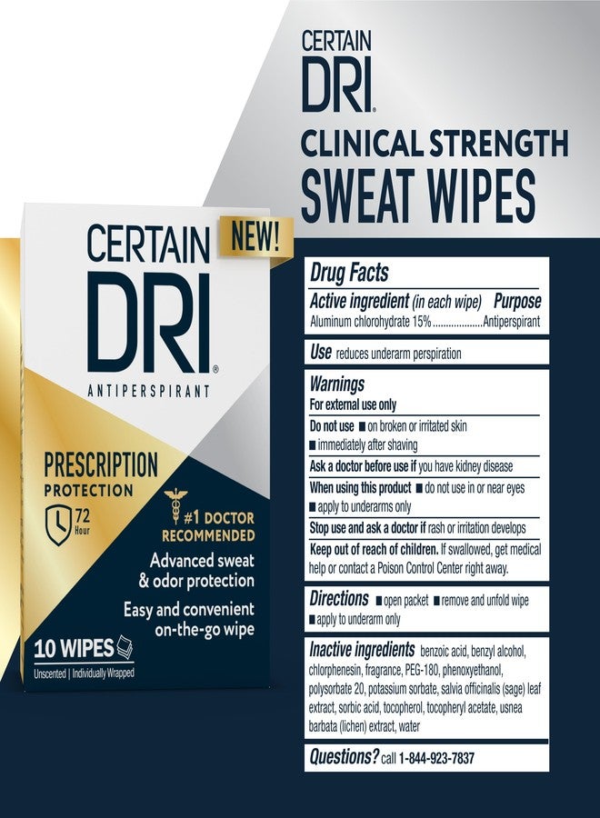 Certain Dri Antiperspirant Wipes for Excessive Sweating & Hyperhidrosis - 72HR Clinical Strength Odor & Perspiration Protection, Travel-Friendly, Dermatologist Recommended, (10 Count) - Image 2