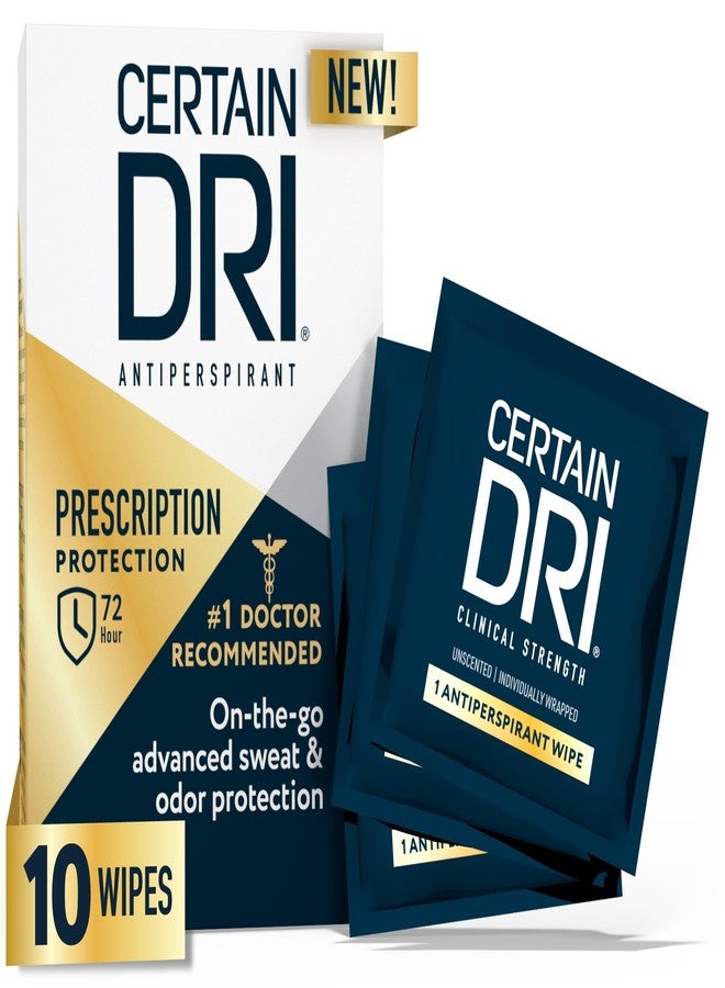 Certain Dri Antiperspirant Wipes for Excessive Sweating & Hyperhidrosis - 72HR Clinical Strength Odor & Perspiration Protection, Travel-Friendly, Dermatologist Recommended, (10 Count) - Image 1