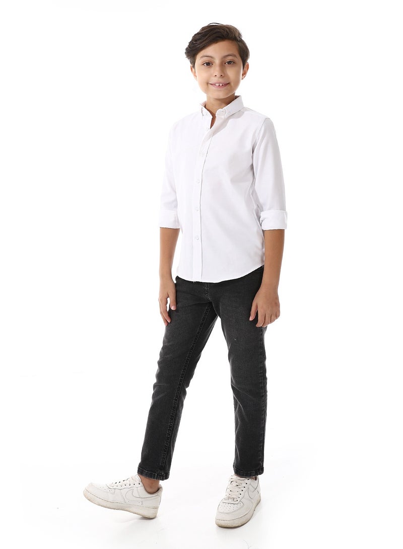 Turn Down Collar Boys Oxford Shirt_ White