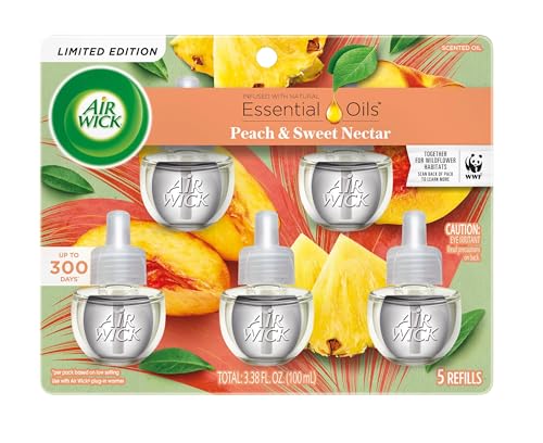 Air Wick Plug in Scented Oil Refill, 5 Ct, Fresh Peach and Sweet Nectar, Air Freshener, Essential Oils, Spring Collection - Image 1