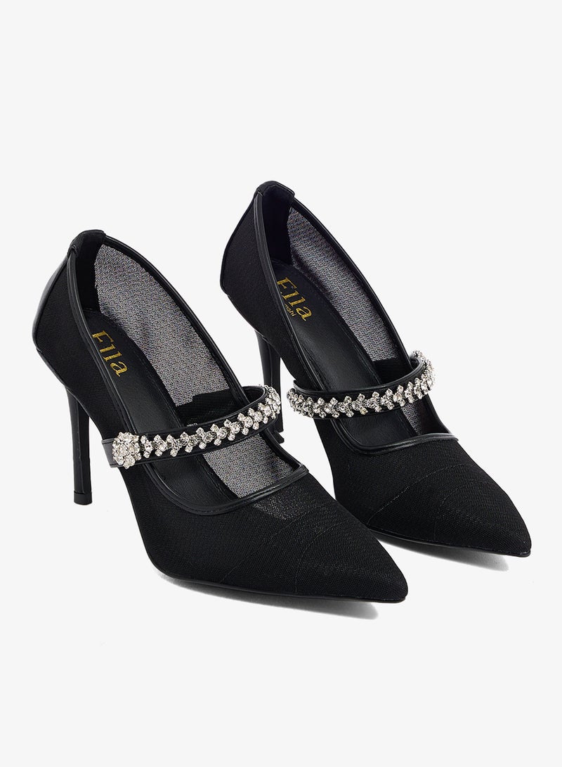 Ella Limited Edition Crystal buckle detail, black mesh and pu upper. Stiletto heel - Image 4