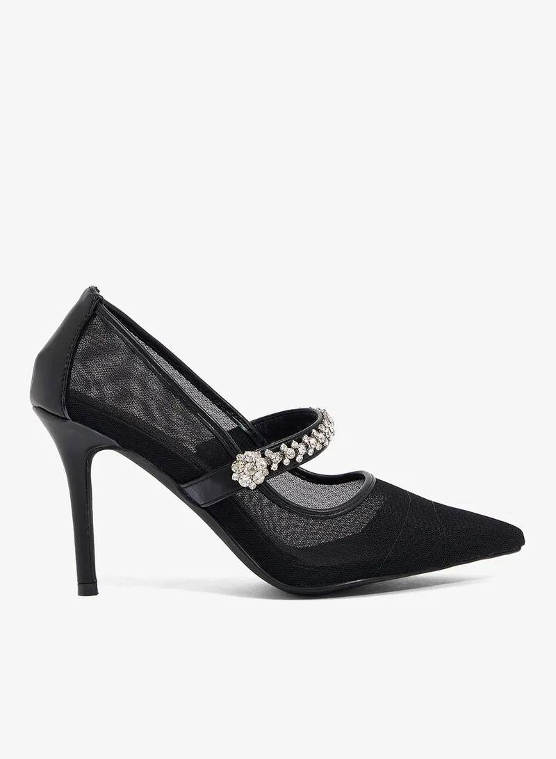 Ella Limited Edition Crystal buckle detail, black mesh and pu upper. Stiletto heel