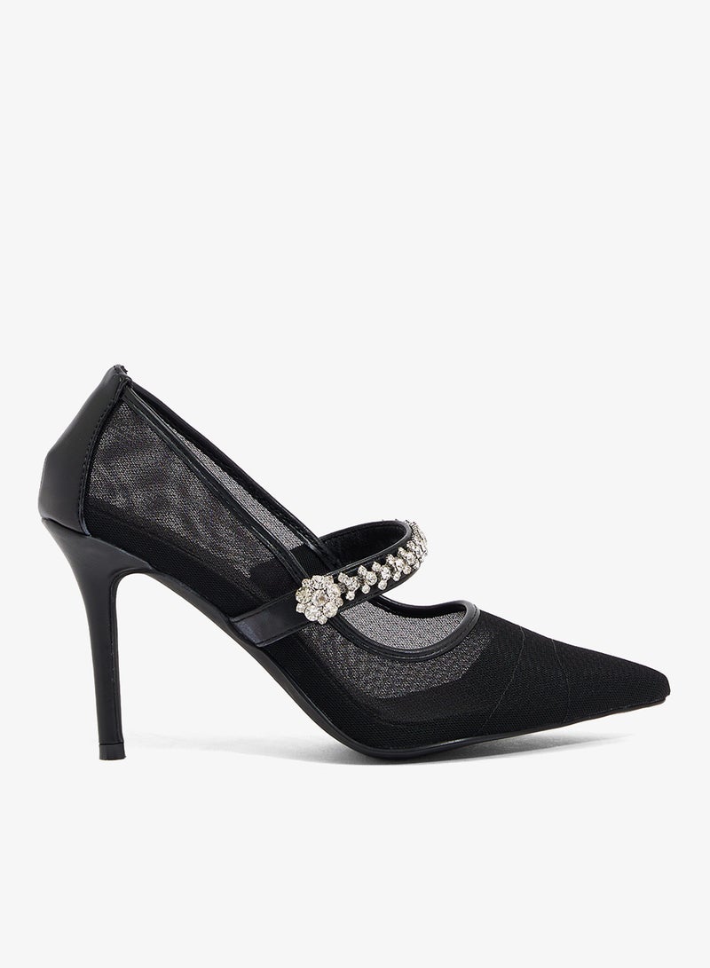 Ella Limited Edition Crystal buckle detail, black mesh and pu upper. Stiletto heel - Image 1