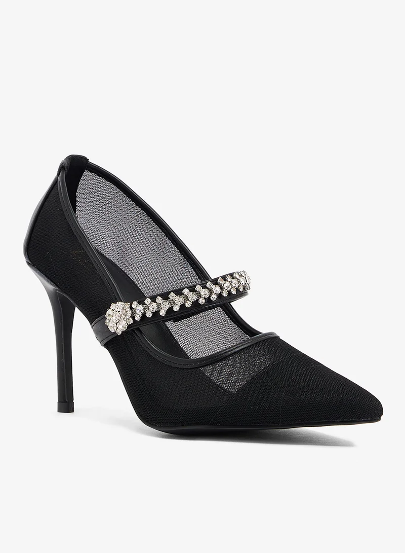 Ella Limited Edition Crystal buckle detail, black mesh and pu upper. Stiletto heel