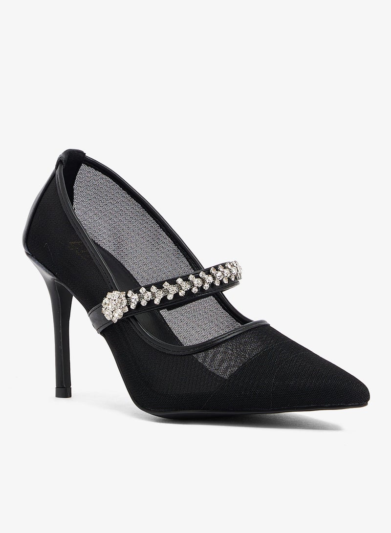Ella Limited Edition Crystal buckle detail, black mesh and pu upper. Stiletto heel - Image 2