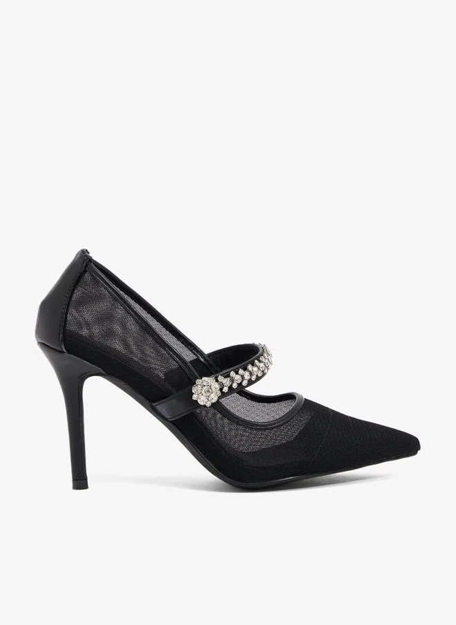 Crystal buckle detail, black mesh and pu upper. Stiletto heel