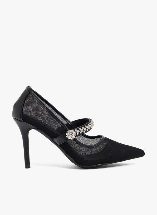 Ella Limited Edition Crystal buckle detail, black mesh and pu upper. Stiletto heel - Image 1
