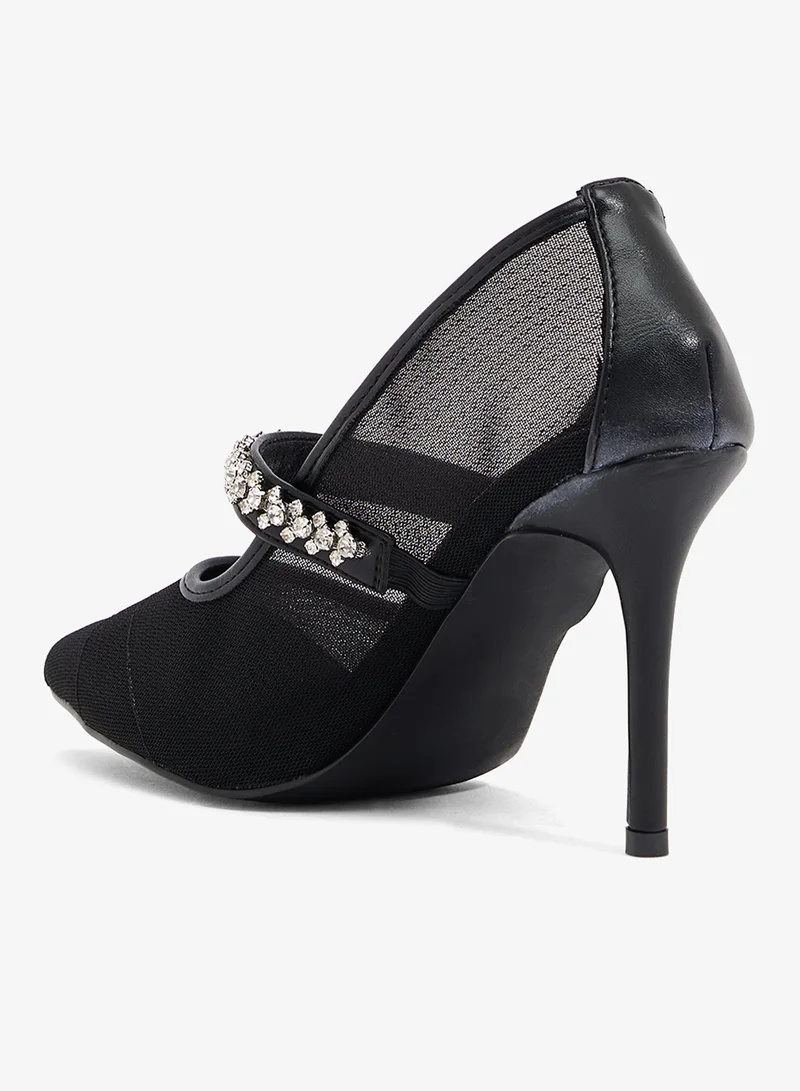 Ella Limited Edition Black Crystal buckle detail, black mesh and pu upper. Stiletto heel for Women | Best Price UAE