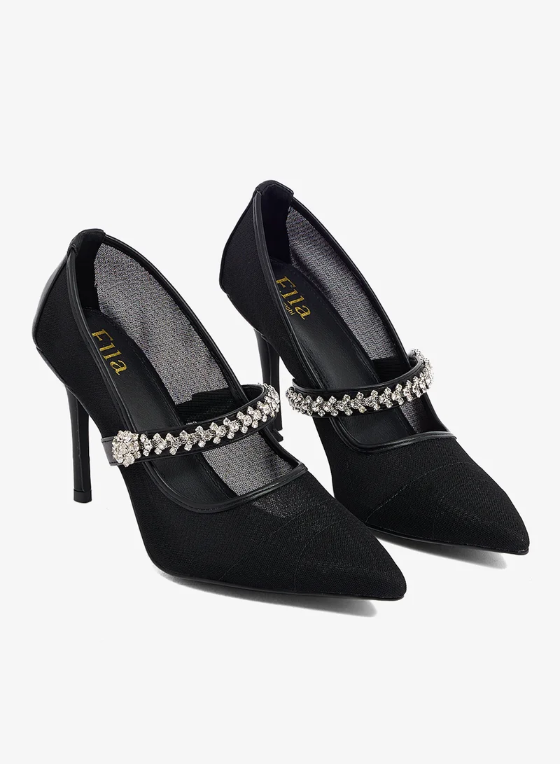 Ella Limited Edition Black Crystal buckle detail, black mesh and pu upper. Stiletto heel for Women | Best Price UAE